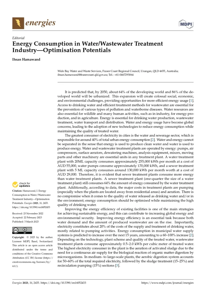 Energy Consumption in Water/Wastewater Treatment Industry—Optimisation Potentials