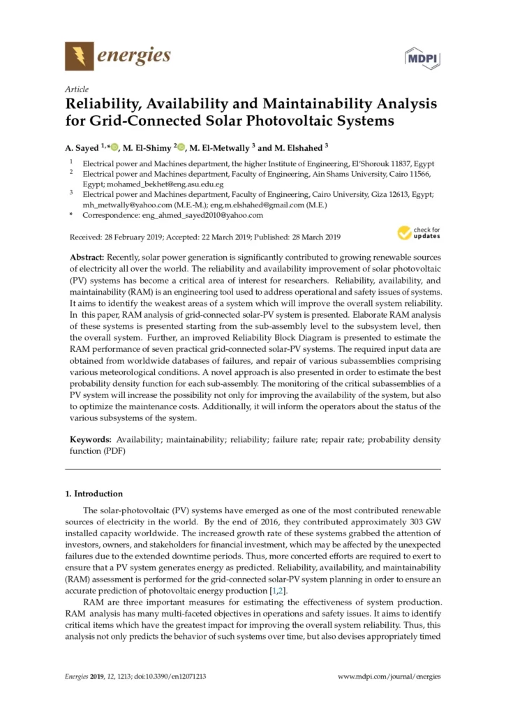 Reliability, Availability and Maintainability Analysis for Grid-Connected Solar Photovoltaic Systems