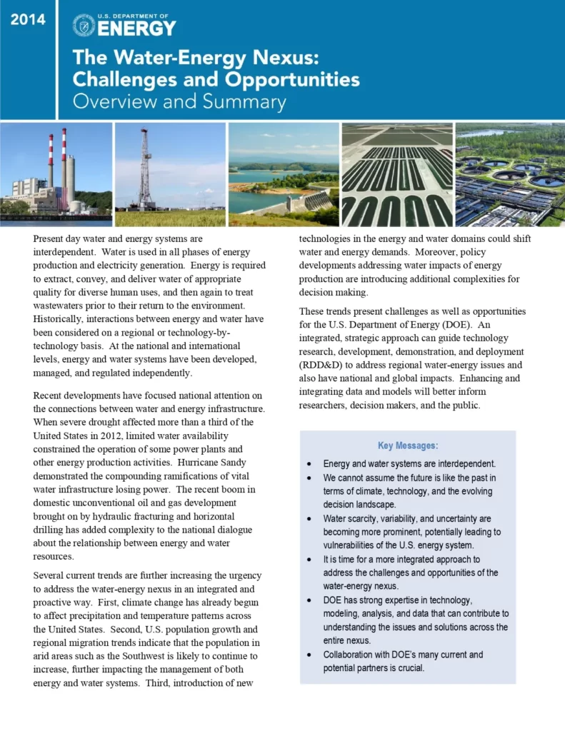 The Water-Energy Nexus Challenges and Opportunities Overview and Summary
