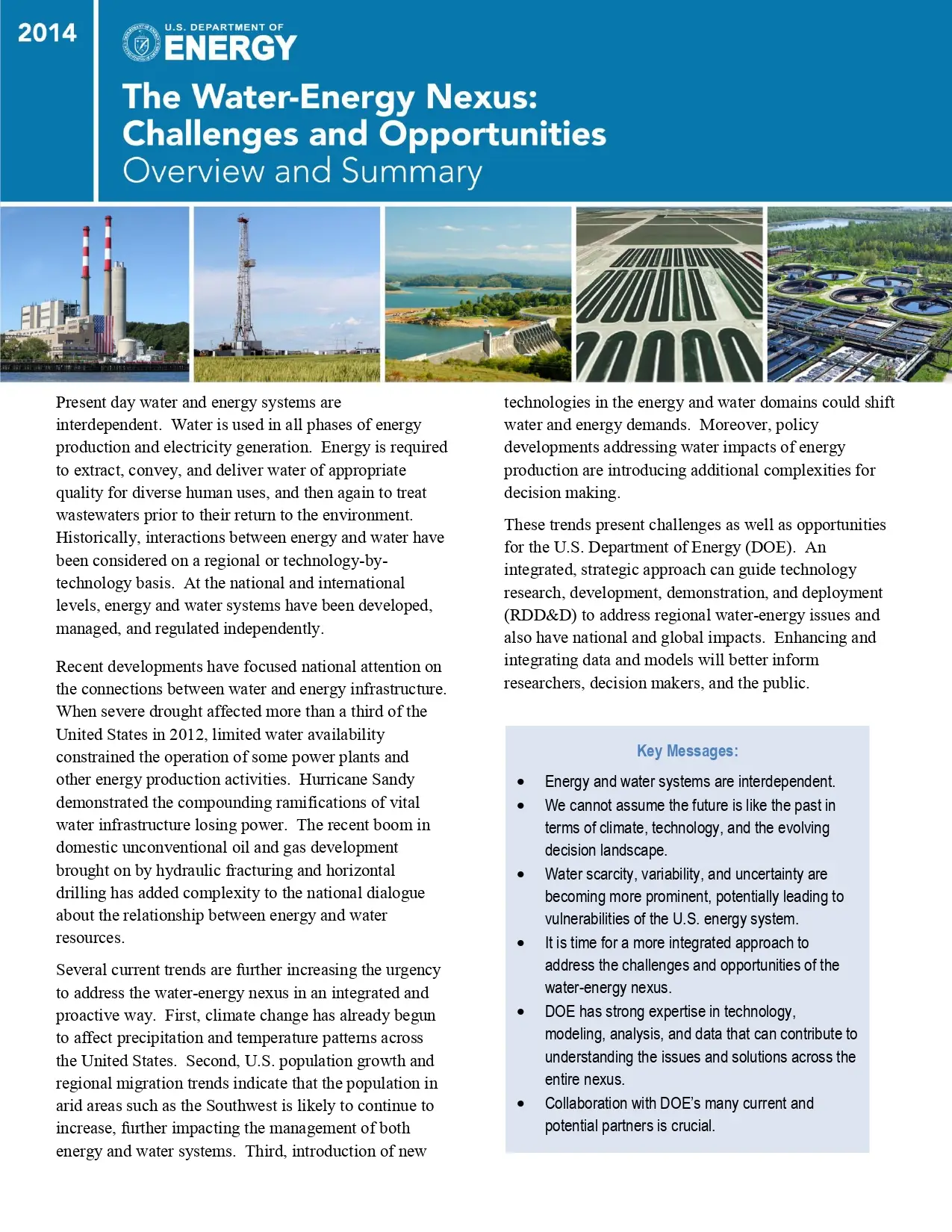 The WaterEnergy Nexus Challenges and Opportunities Overview and