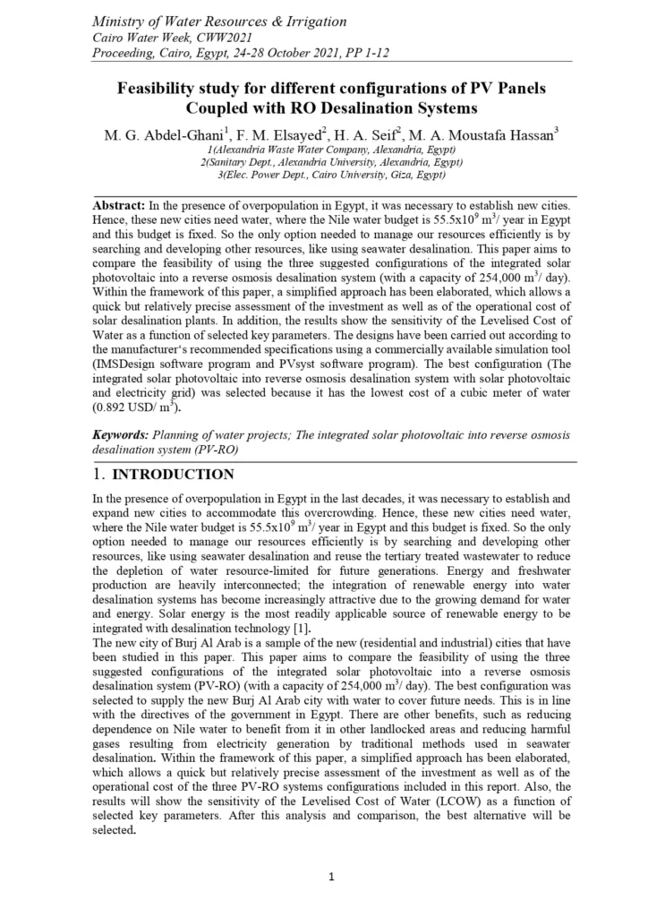 Feasibility Study for Different Configurations of PV Panels Coupled with RO Desalination Systems
