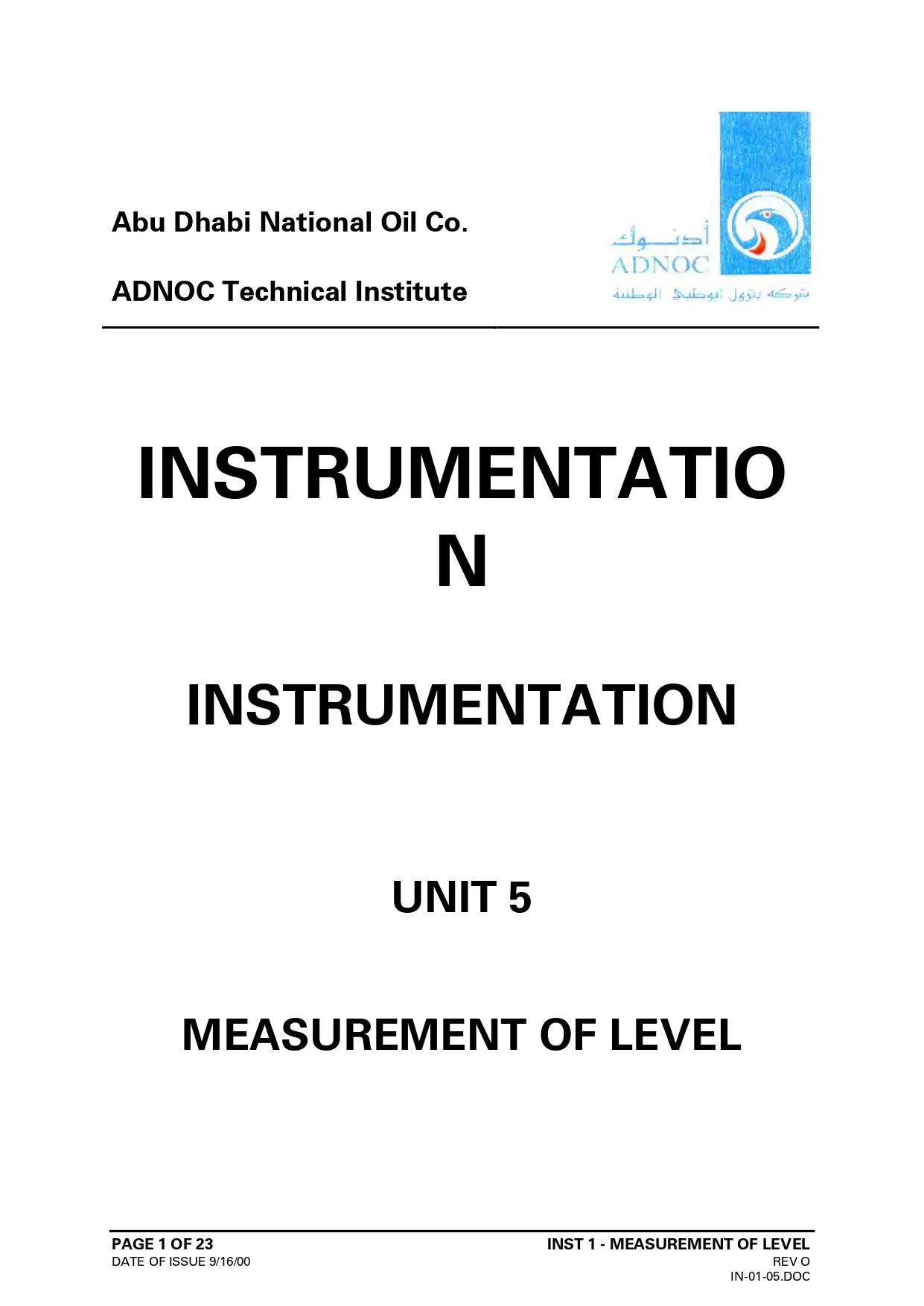 Instrumentation Unit 5 Measurement of Level
