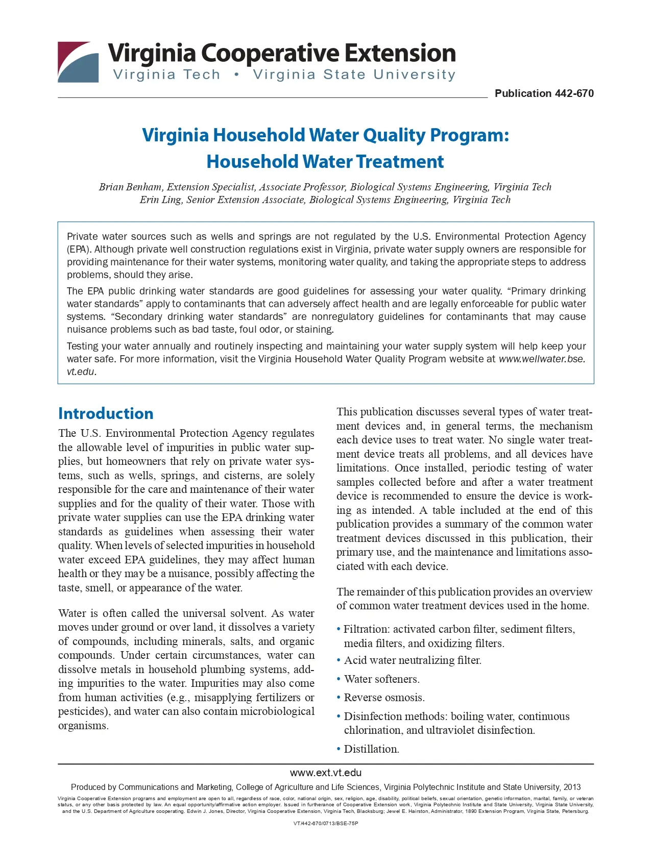 Virginia Household Water Quality Program: Household Water Treatment