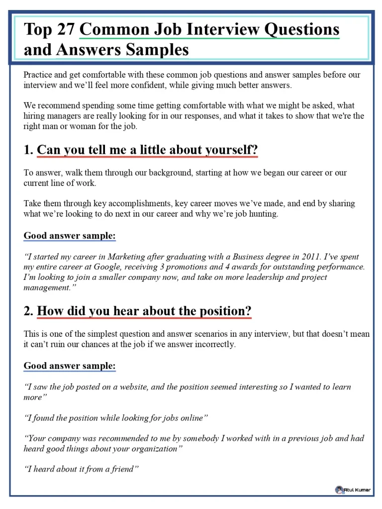 Top 27 Common Job Interview Questions and Answers Samples