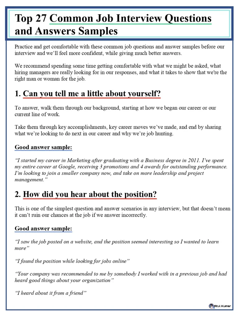 Top 27 Common Job Interview Questions and Answers Samples