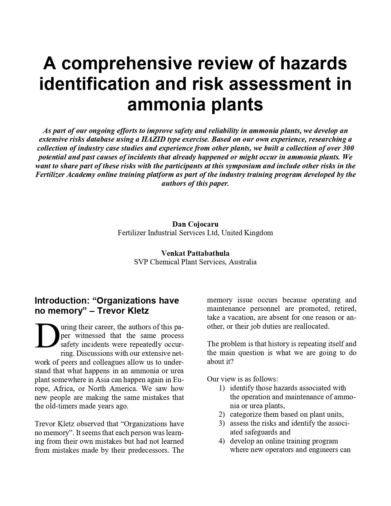 A Comprehensive Review of Hazards Identification and Risk Assessment in Ammonia Plants