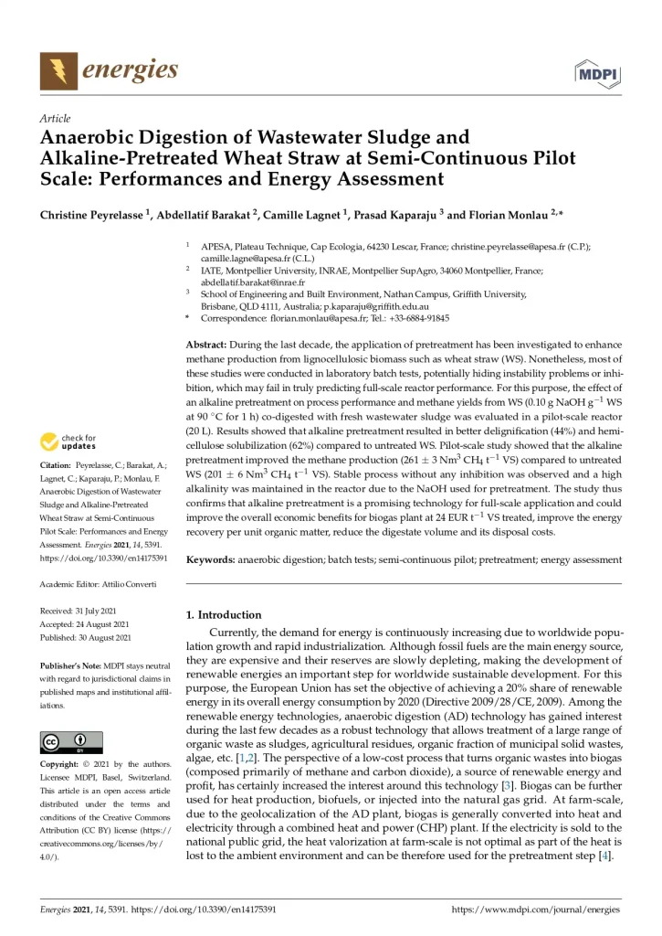 Anaerobic Digestion of Wastewater Sludge and Alkaline-Pretreated Wheat Straw at Semi-Continuous Pilot Scale