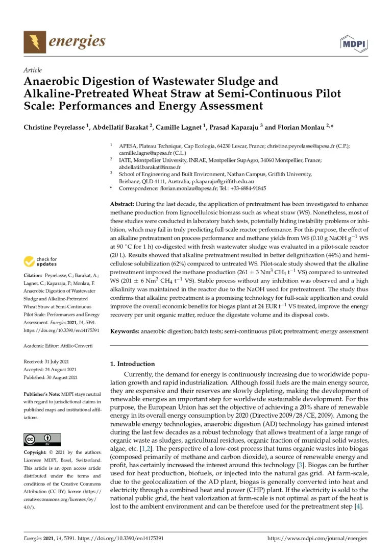 Anaerobic Digestion of Wastewater Sludge and Alkaline-Pretreated Wheat Straw at Semi-Continuous Pilot Scale