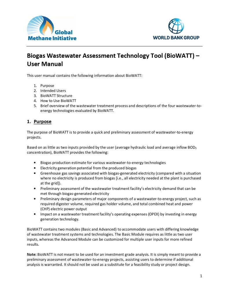 Biogas Wastewater Assessment Technology Tool (BioWATT) – User Manual