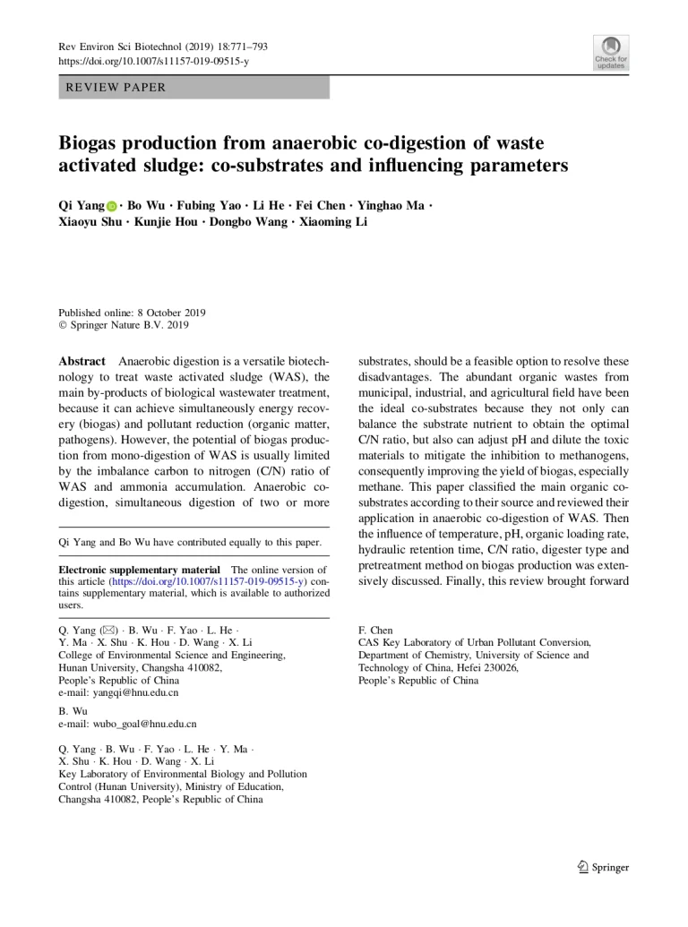 Biogas Production from Anaerobic Co-Digestion of Waste Activated Sludge Co-Substrates and Influencing Parameters