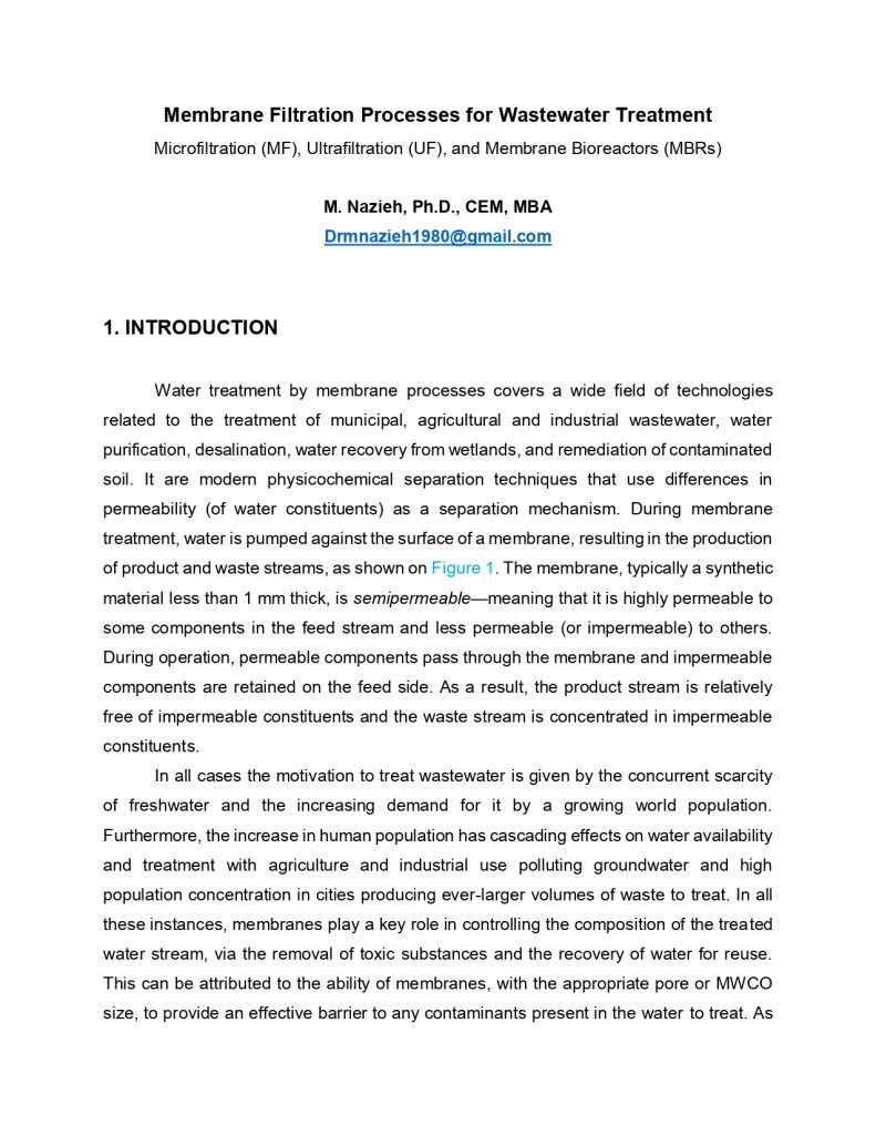 Membrane Filtration Processes for Wastewater Treatment