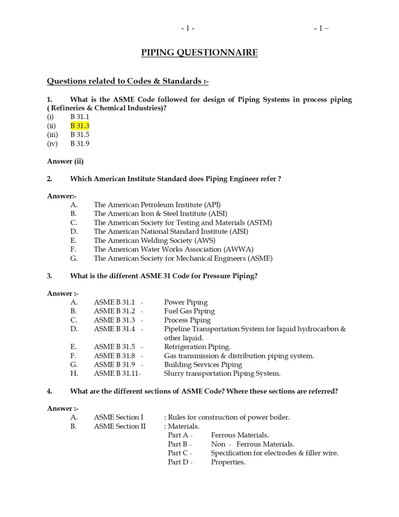Piping Questionnaire