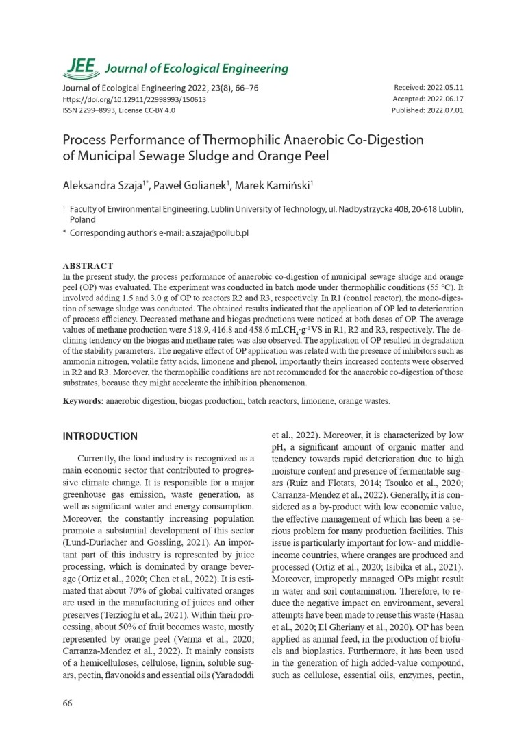Process Performance of Thermophilic Anaerobic Co-Digestion of Municipal Sewage Sludge and Orange Peel