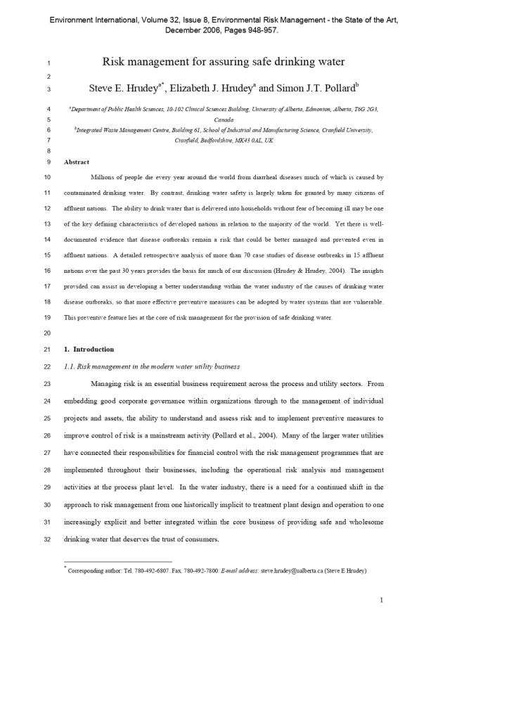 Risk Management for Assuring Safe Drinking Water