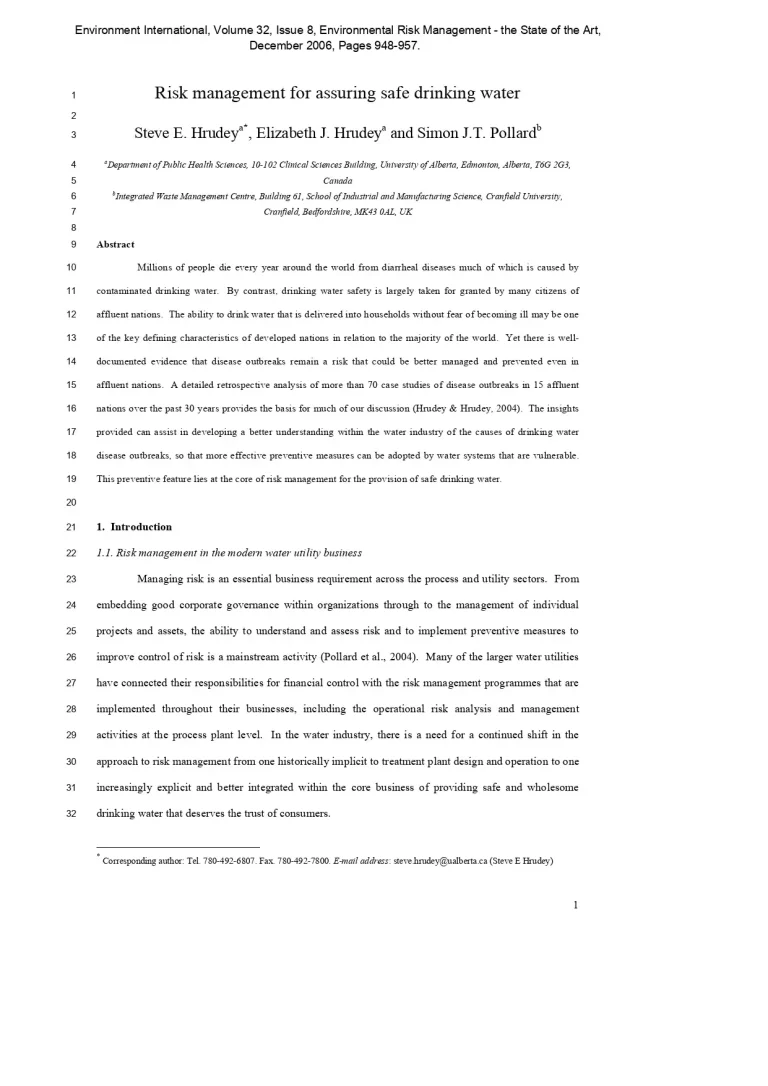 Risk Management for Assuring Safe Drinking Water