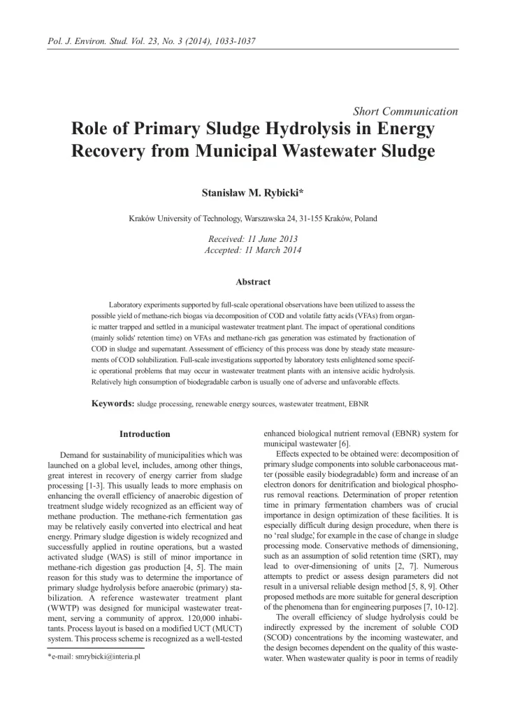 Role of Primary Sludge Hydrolysis in Energy Recovery from Municipal Wastewater Sludge