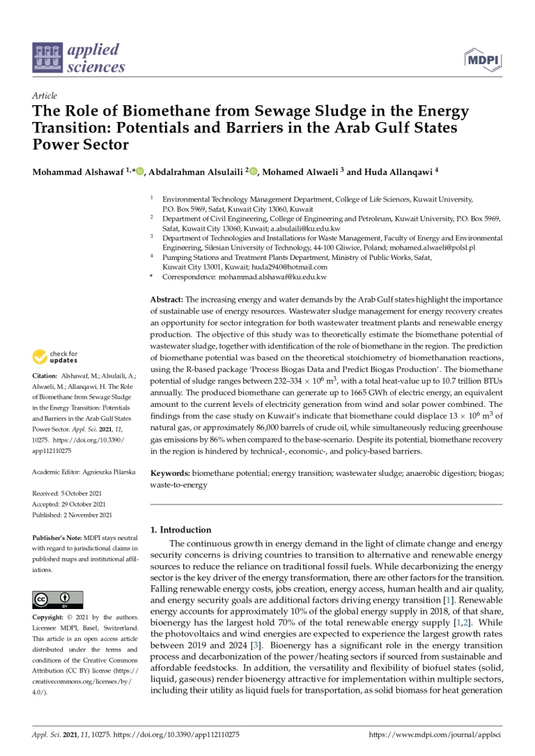 The Role of Biomethane from Sewage Sludge in the Energy Transition Potentials and Barriers in the Arab Gulf States Power Sector