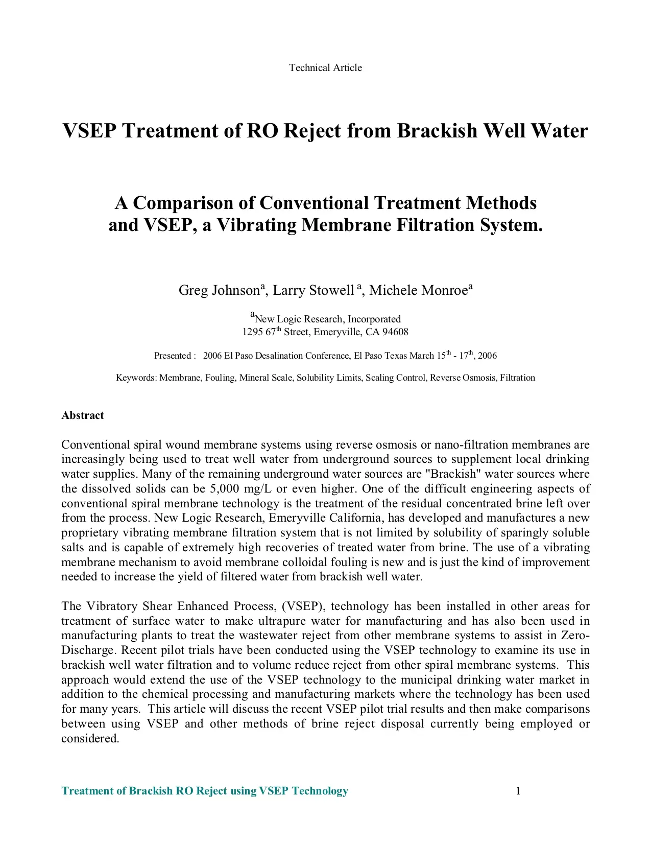 VSEP Treatment of RO Reject from Brackish Well Water