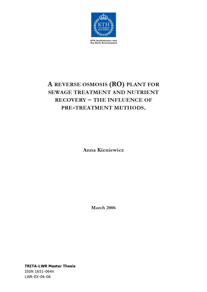 A Reverse Osmosis (RO) Plant for Sewage Treatment and Nutrient Recovery – The Influnce of Pre-Treatment Methods