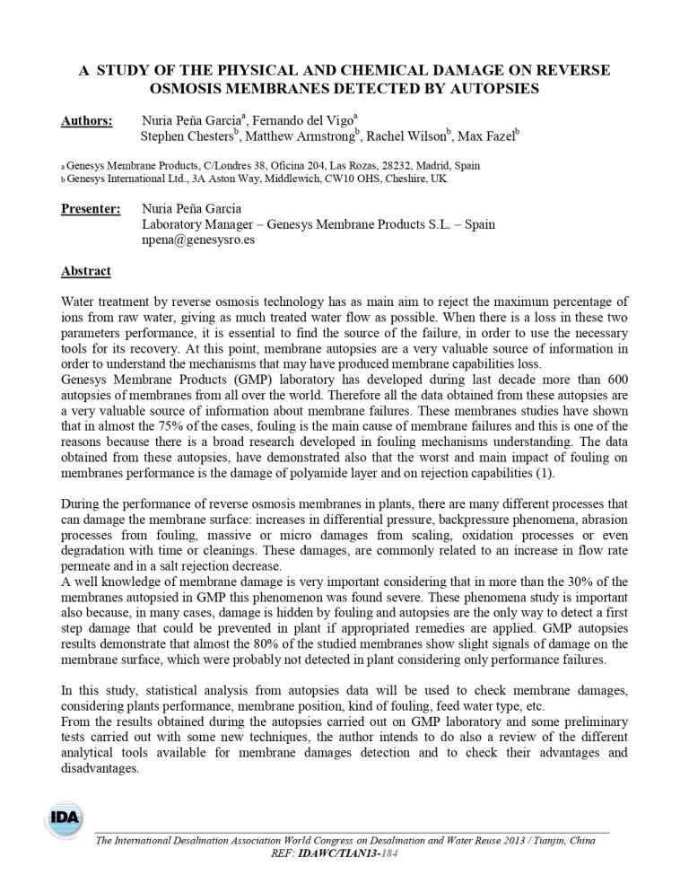 A Study Of The Physical And Chemical Damage On Reverse Osmosis Membranes Detected By Autopsies
