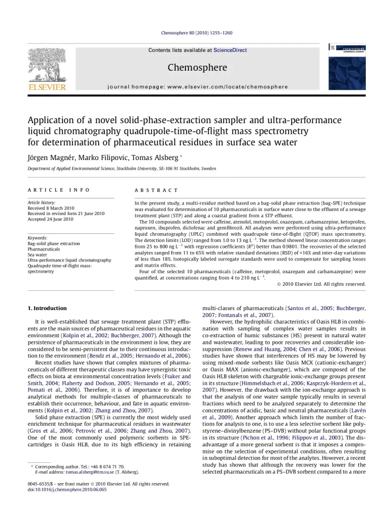 Application Of A Novel Solid-Phase-Extraction Sampler And Ultra-Performance Liquid Chromatography Quadrupole-Time-Of-Flight Mass Spectrometry For Determination Of Pharmaceutical Residues In Surface Sea Water