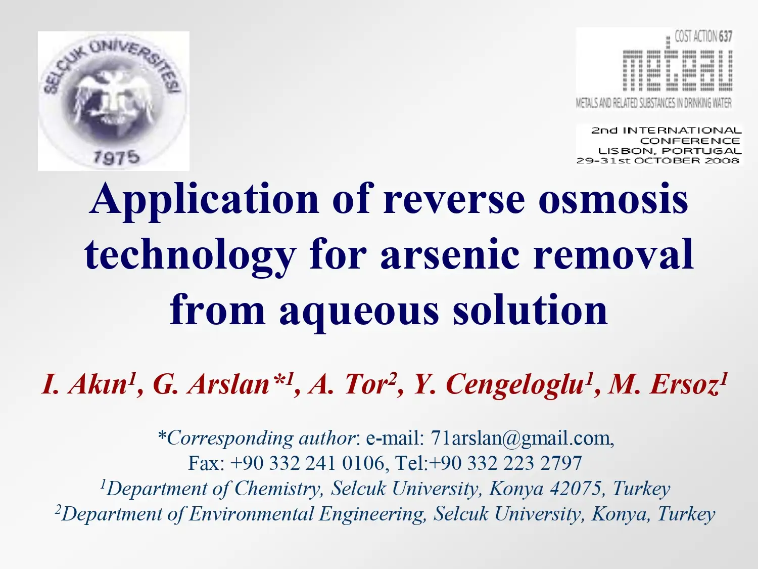 Application of Reverse Osmosis Technology for Arsenic Removal from Aqueous Solution