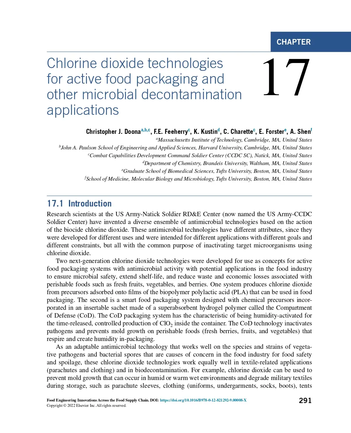 Chlorine Dioxide Technologies for Active Food Packaging and Other Microbial Decontamination Applications
