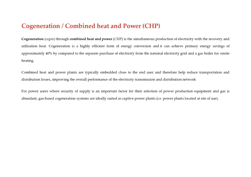 Cogeneration Combined heat and Power (CHP)