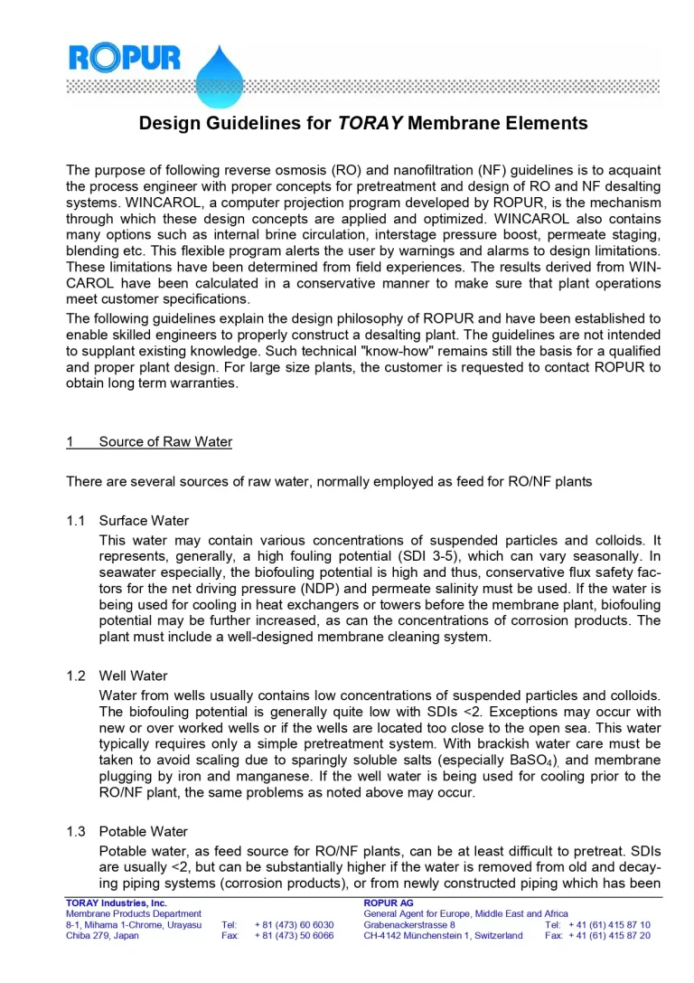Design Guidelines for TORAY Membrane Elements