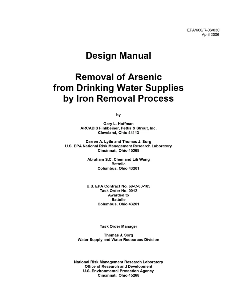 Design Manual Removal of Arsenic from Drinking Water Supplies by Iron Removal Process