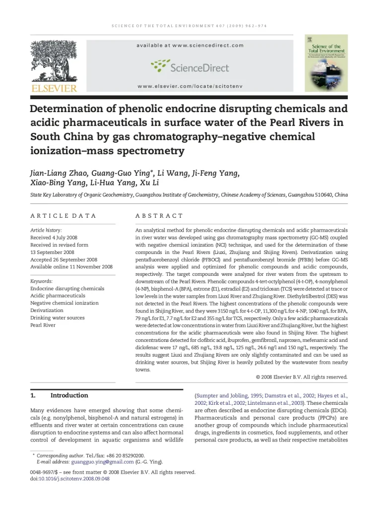 Determination Of Phenolic Endocrine Disrupting Chemicals And Acidic Pharmaceuticals In Surface Water Of The Pearl Rivers In South China By Gas Chromatography–Negative Chemical Ionization–Mass Spectrometry