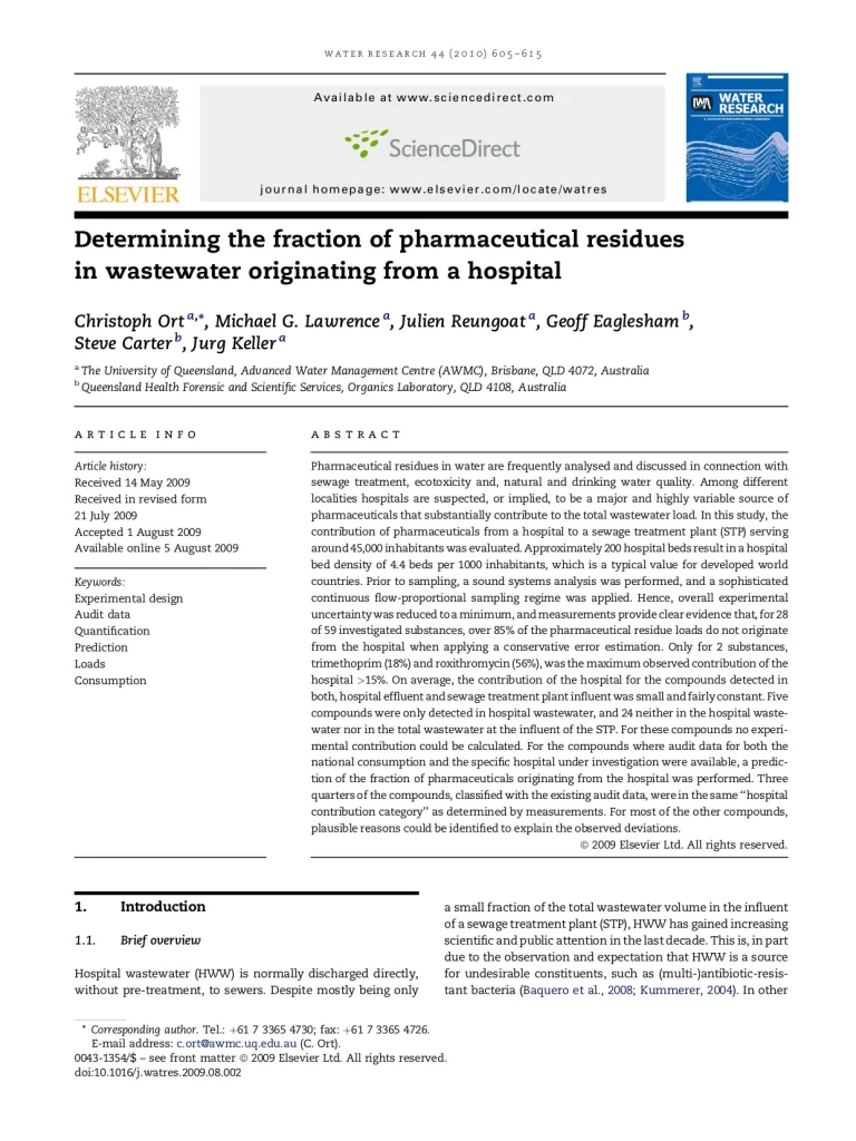 Determining The Fraction Of Pharmaceutical Residues In Wastewater Originating From A Hospital