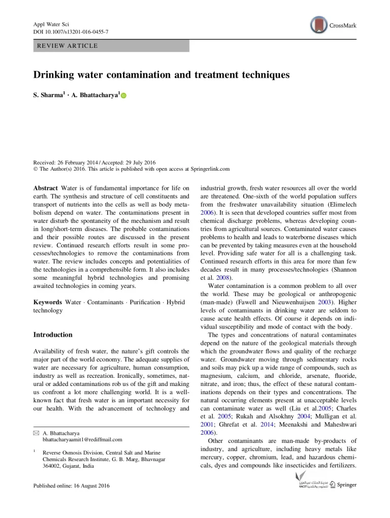 Drinking Water Contamination And Treatment Techniques