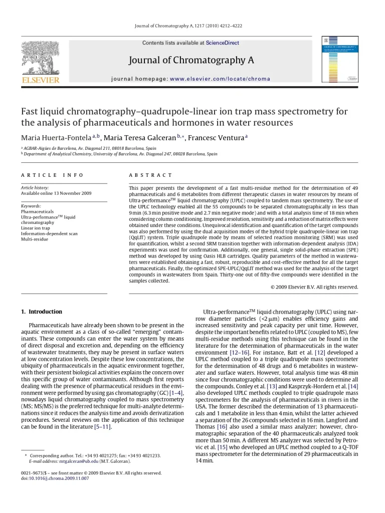 Fast Liquid Chromatography–Quadrupole-Linear Ion Trap Mass Spectrometry For The Analysis Of Pharmaceuticals And Hormones In Water Resources