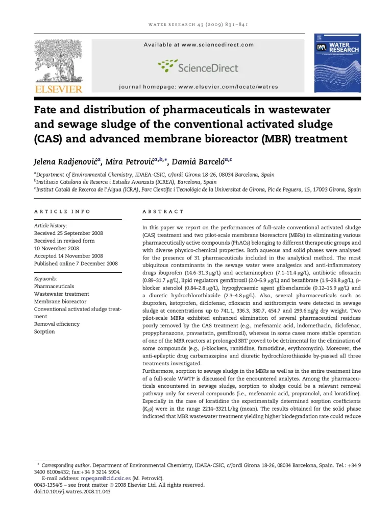 Fate And Distribution Of Pharmaceuticals In Wastewater And Sewage Sludge Of The Conventional Activated Sludge(CAS)And Advanced Membrane Bioreactor(MBR)Treatment