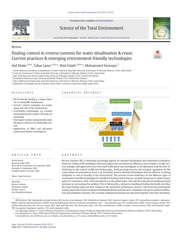 Fouling Control In Reverse Osmosis For Water Desalination & Reuse: Current Practices & Emerging Environment-Friendly Technologies