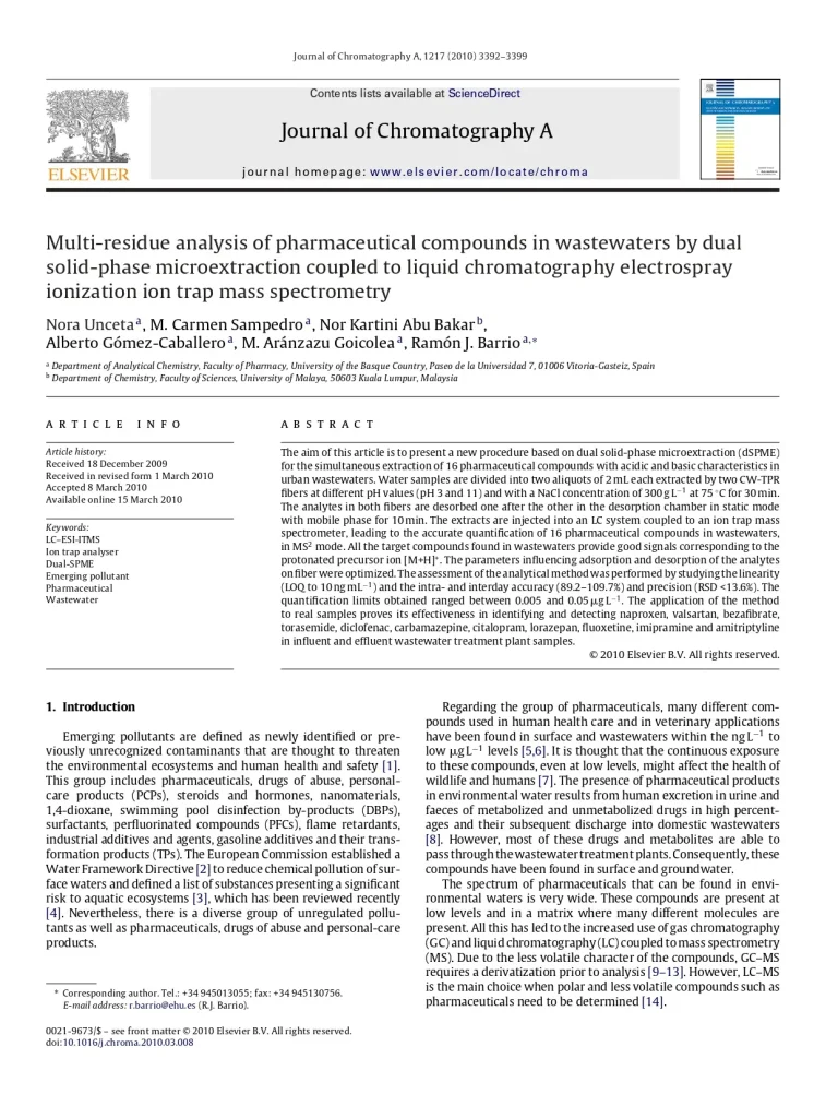 Multi-Residue Analysis Of Pharmaceutical Compounds In Wastewaters By Dual Solid-Phase Microextraction Coupled To Liquid Chromatography Electrospray Ionization Ion Trap Mass Spectrometry
