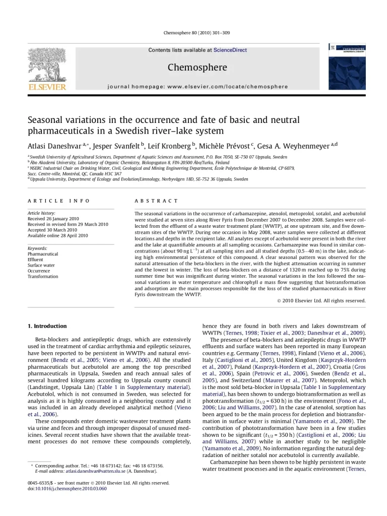 Seasonal Variations In The Occurrence And Fate Of Basic And Neutral Pharmaceuticals In A Swedish River–lake System