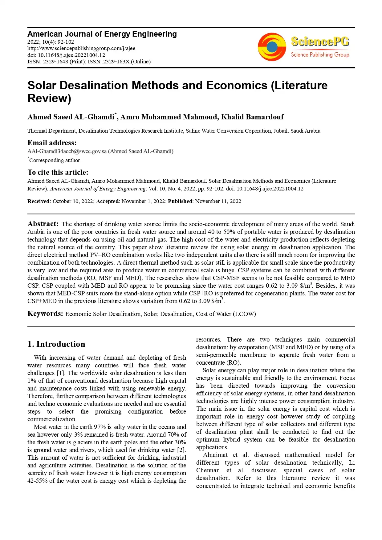 Solar Desalination Methods and Economics (Literature Review)