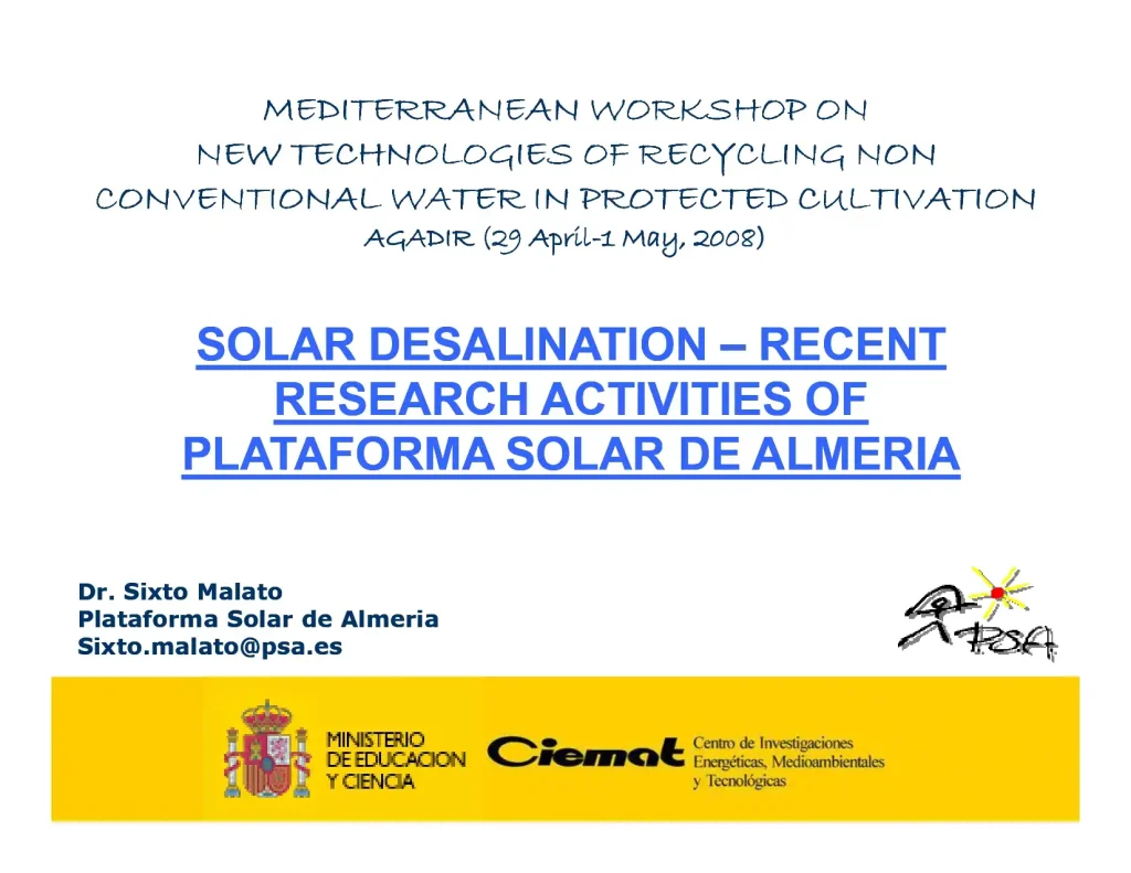 Solar Desalination – Recent Research Activities of Plataforma Solar de Almeria