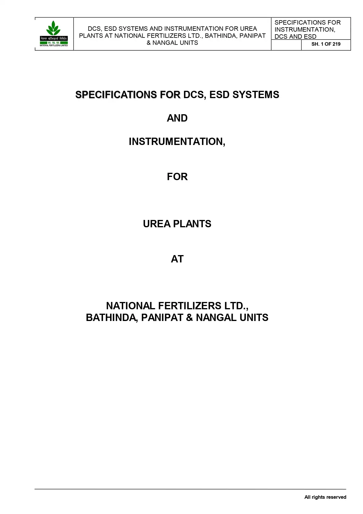Specifications for DCS, ESD Systems and Instrumentation for Urea Plants at National Fertilizers LTD., Bathinda, Panipat & Nangal Units