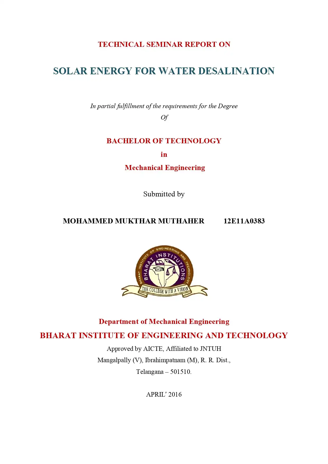 Technical Seminar Report on Solar Energy for Waters Desalination