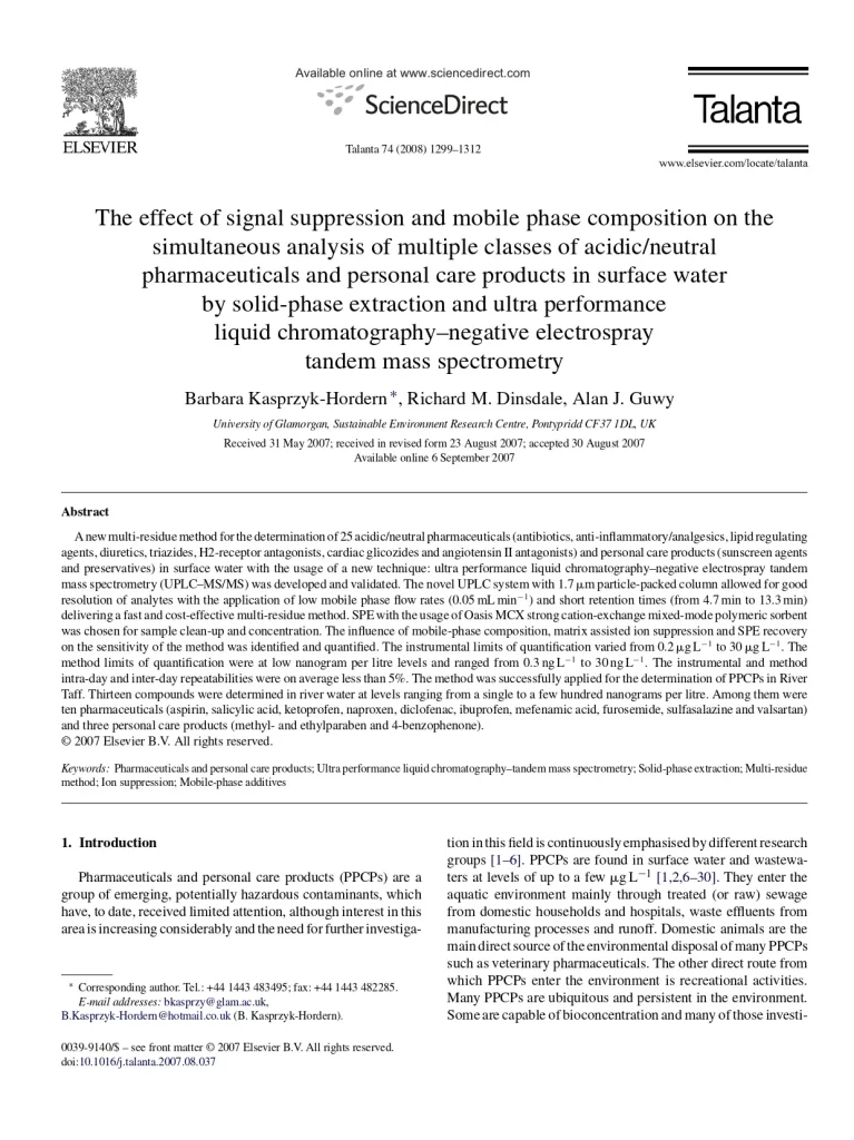 The Effect Of Signal Suppression And Mobile Phase Composition On The Simultaneous Analysis Of Multiple Classes Of Acidic/Neutral Pharmaceuticals And Personal Care Products In Surface Water By Solid-Phase Extraction And Ultra Performance Liquid Chromatography–Negative Electrospray Tandem Mass Spectrometry