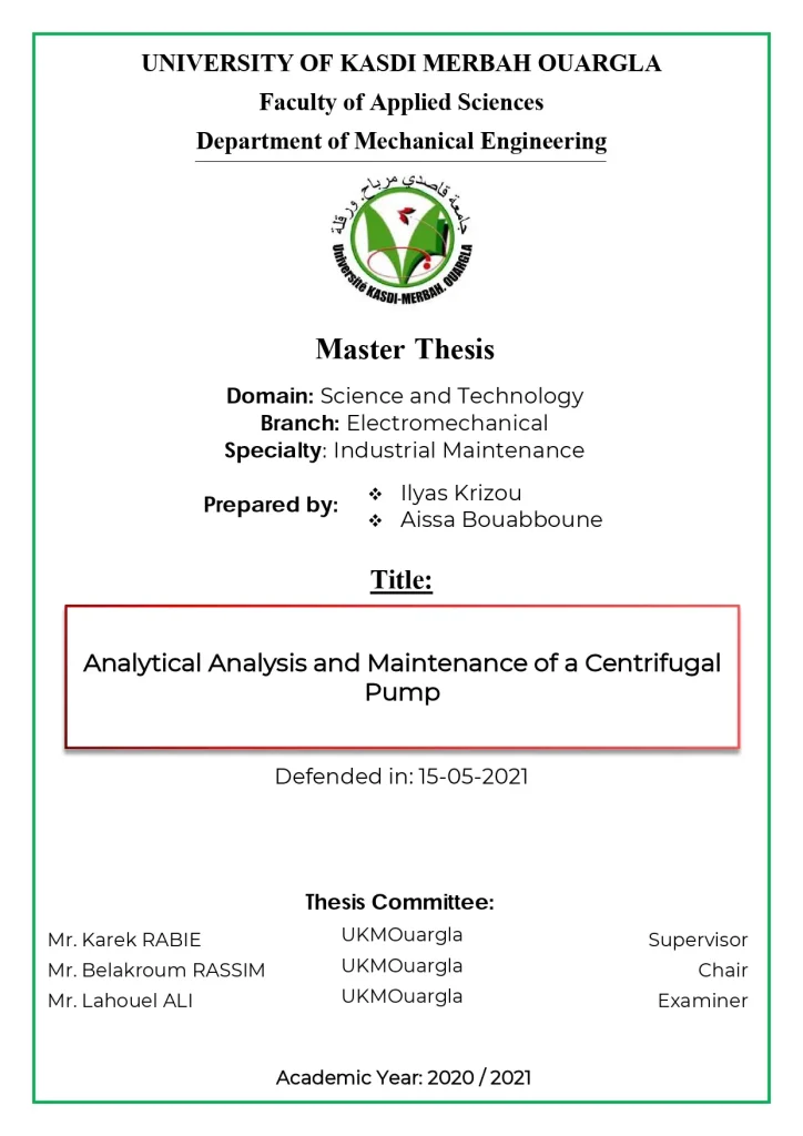 Analytical Analysis And Maintenance Of A Centrifugal Pump
