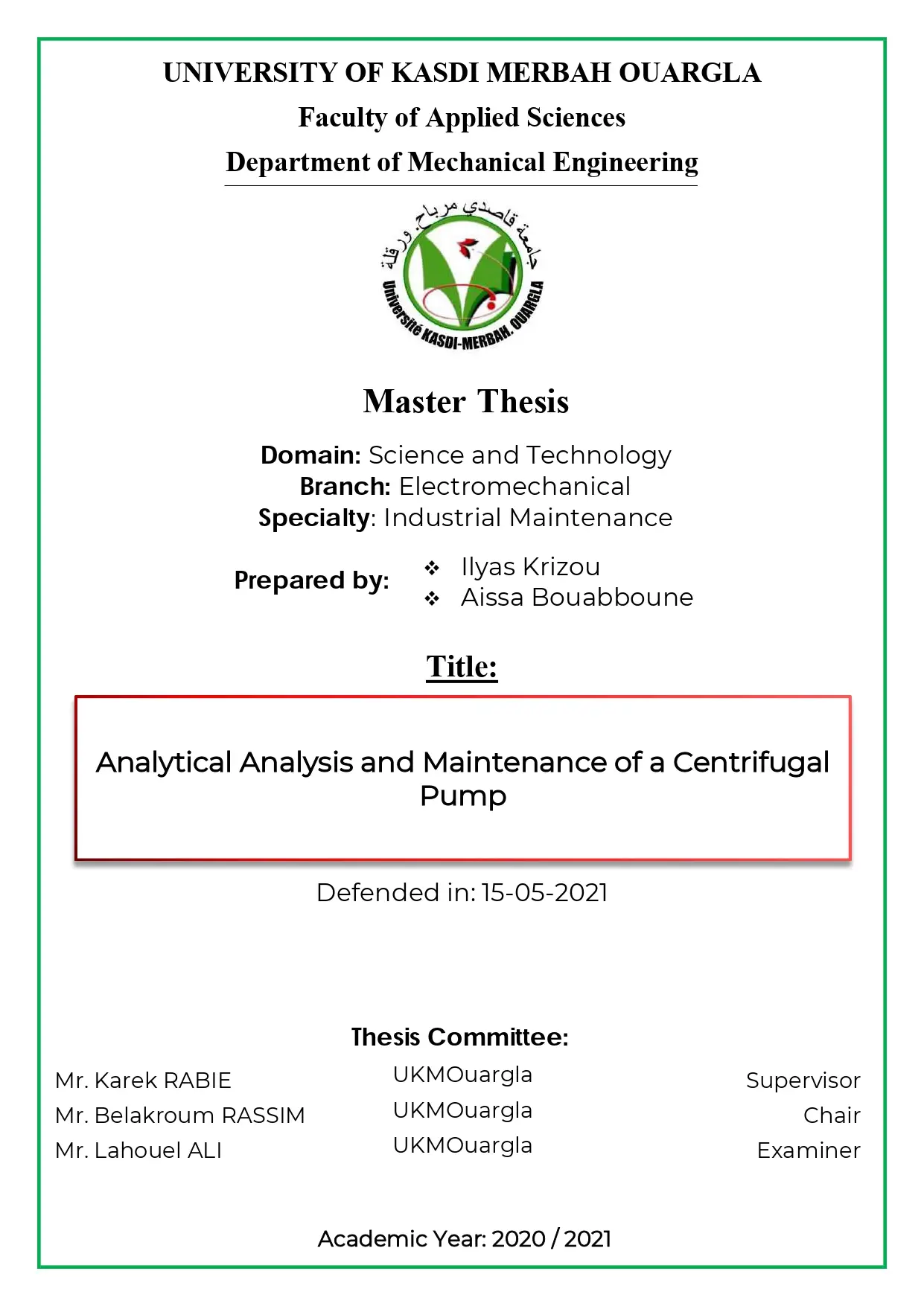 Analytical Analysis And Maintenance Of A Centrifugal Pump