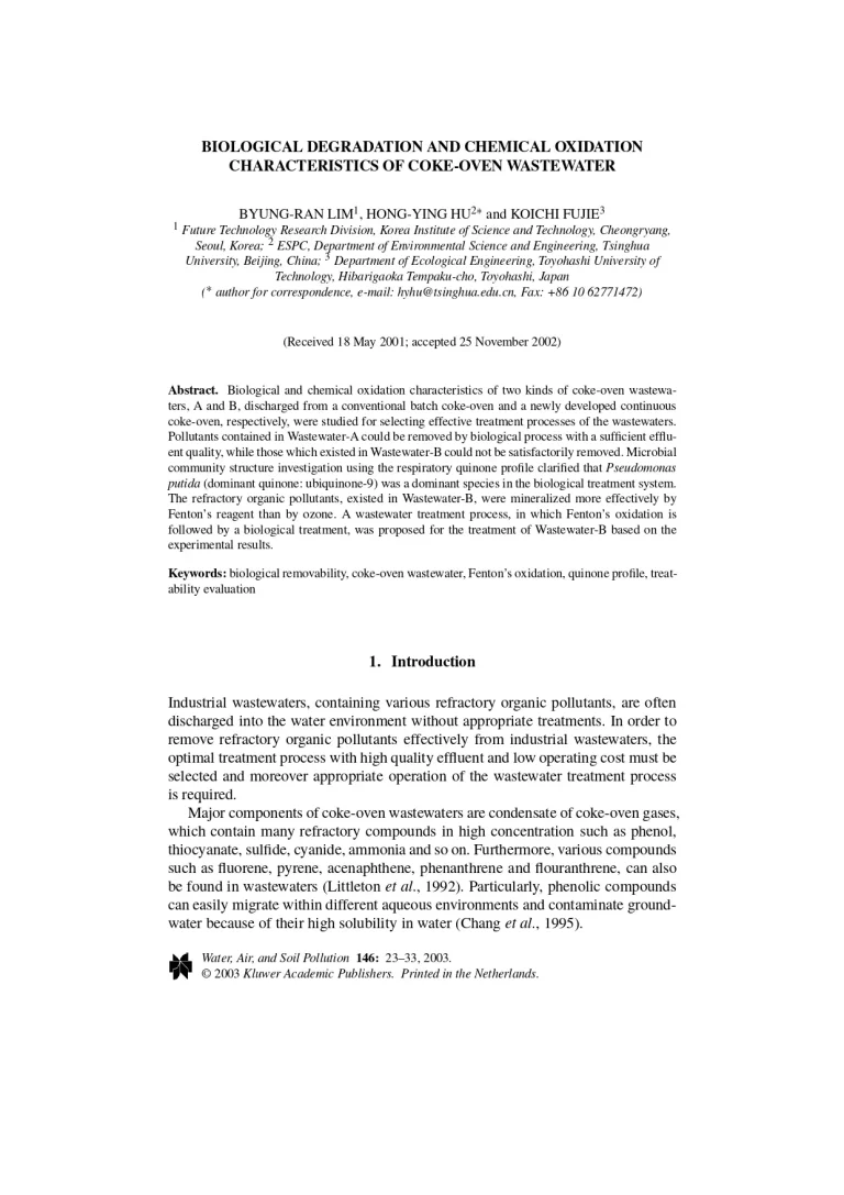 Biological Degradation And Chemical Oxidation Characteristics Of Coke-Oven Wastewater