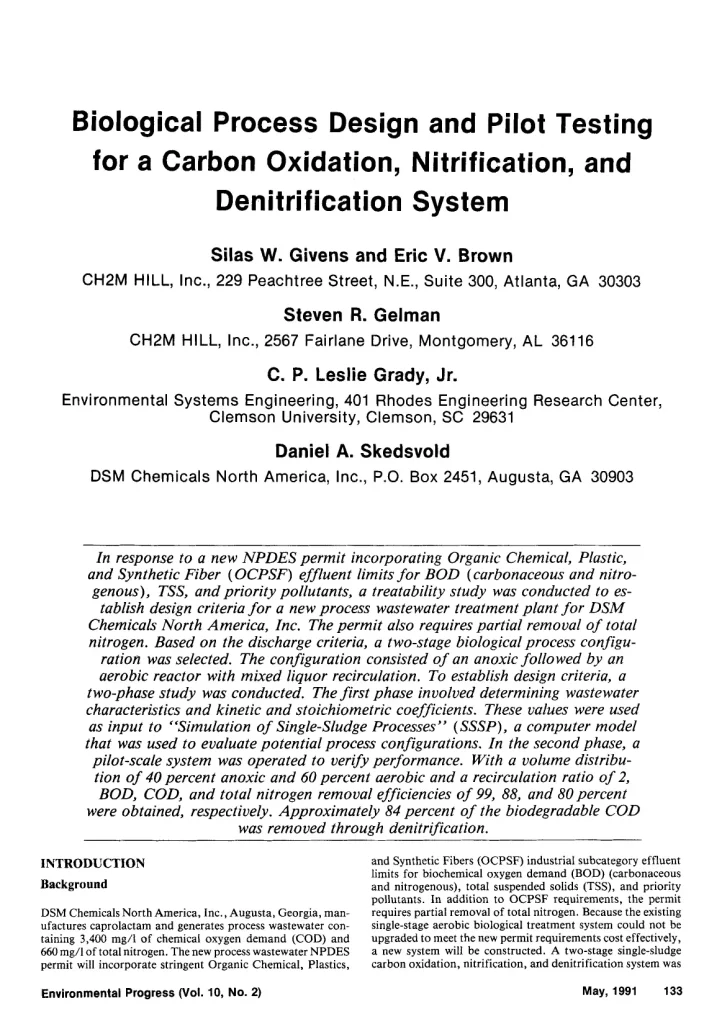 Biological Process Design And Pilot Testing For A Carbon Oxidation, Nitrification, And Denitrification System