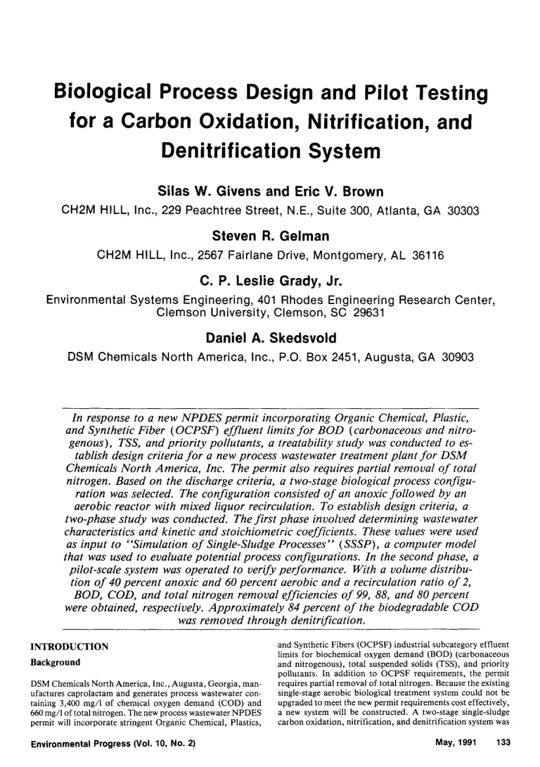 Biological Process Design And Pilot Testing For A Carbon Oxidation, Nitrification, And Denitrification System