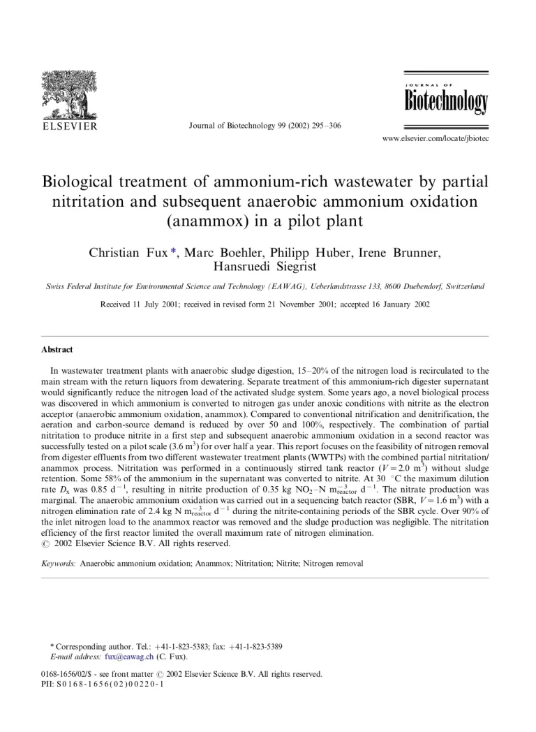 Biological Treatment Of Ammonium-Rich Wastewater By Partial Nitritation And Subsequent Anaerobic Ammonium Oxidation (Anammox) In A Pilot Plant