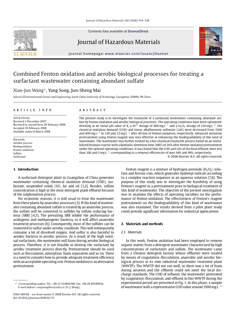 Combined Fenton Oxidation And Aerobic Biological Processes For Treating A Surfactant Wastewater Containing Abundant Sulfate